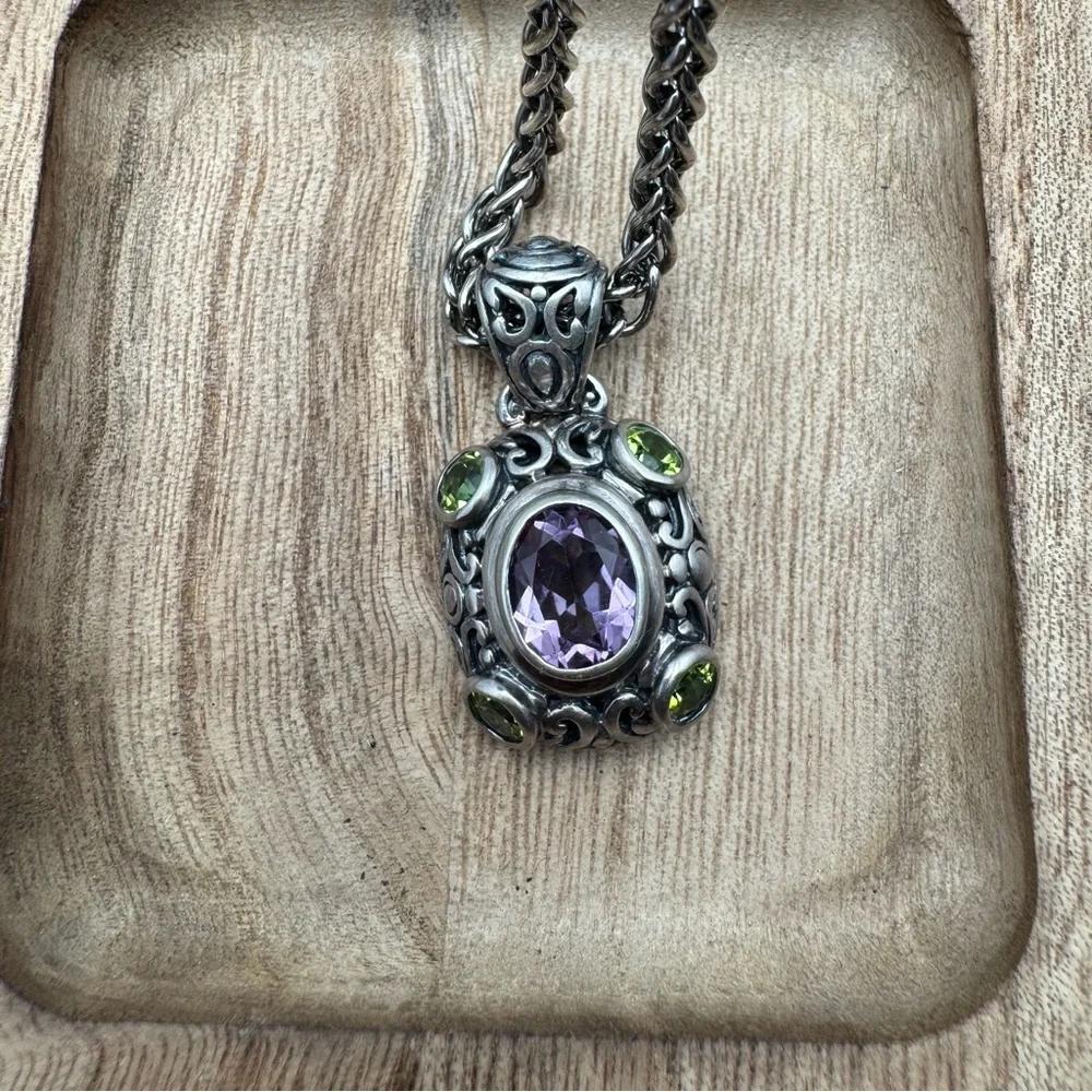 Vintage 925 Italy Amethyst Peridot Filigree Necklace 18